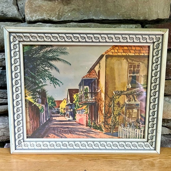 VTG Tropical Town Print John Rogers Palm Tree Balcony Village Daisy Wood Frame - Picture 1 of 6